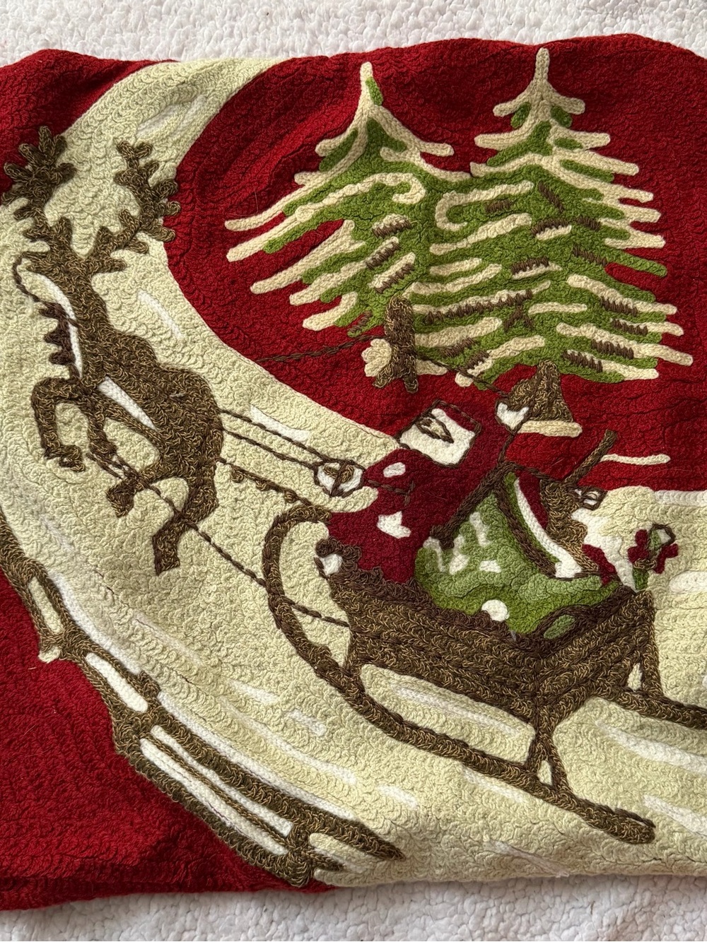 Pottery Barn Christmas Santa & Reindeer Sleigh Crewel Embroidery Pillow Cover
